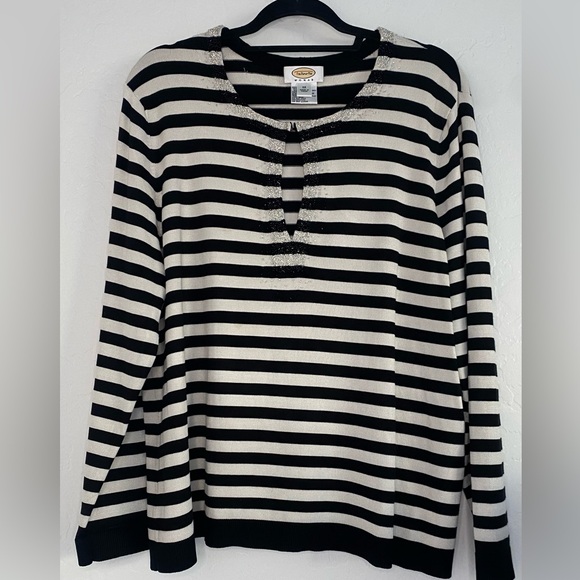 Talbots Sweaters - Talbots Sweater Women's 2X Cream Black Striped Neckline Beaded Detail Elegant
